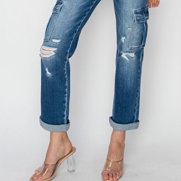 RISEN Retro 90 Cargo High-Rise Distressed Rolled Ankle Denim Jeans Utility Pants - Picture 10 of 15